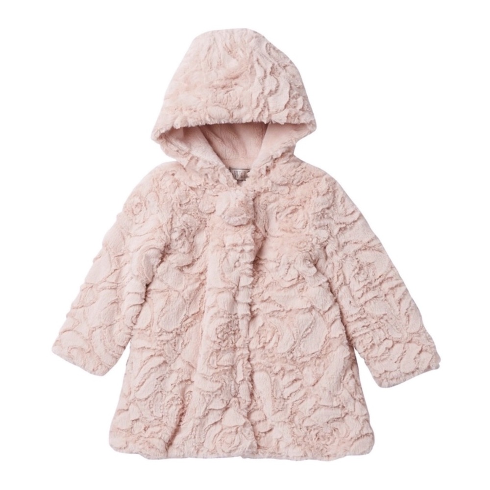 NWT Widgeon Rose Pink Faux Fur Rosebud Snap Closure Hooded Coat Baby Girls 12M